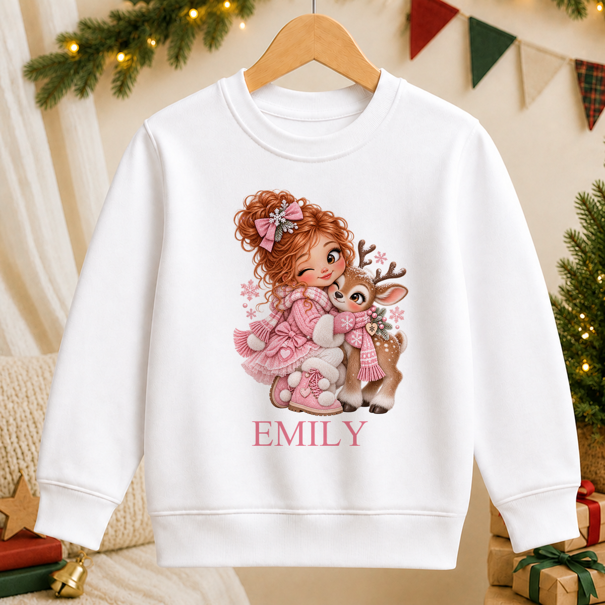 Personalised Girl Hugging Reindeer kids Christmas sweatshirt in white with a custom name