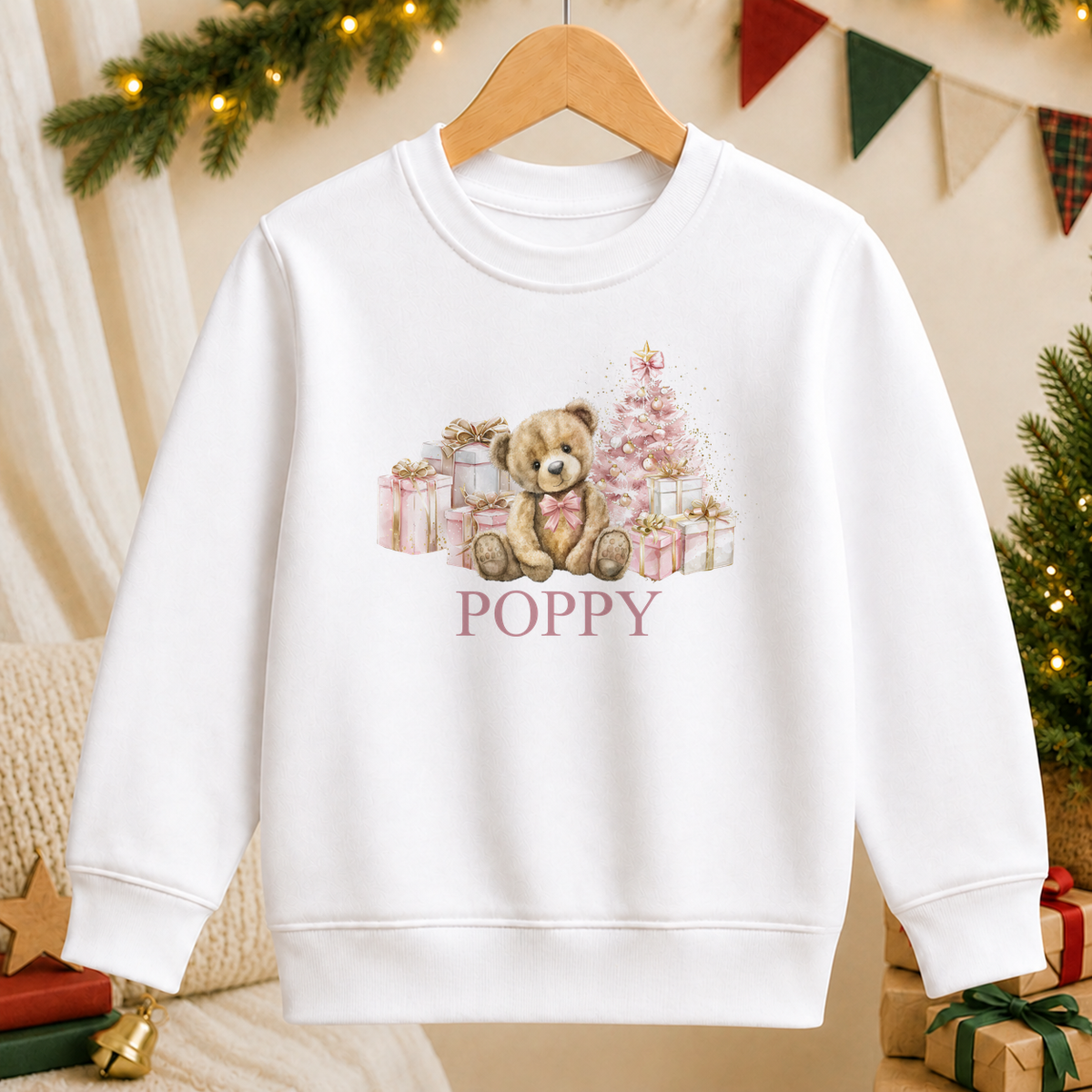 Personalised Pink Teddy and Presents kids Christmas sweatshirt in white with a custom name