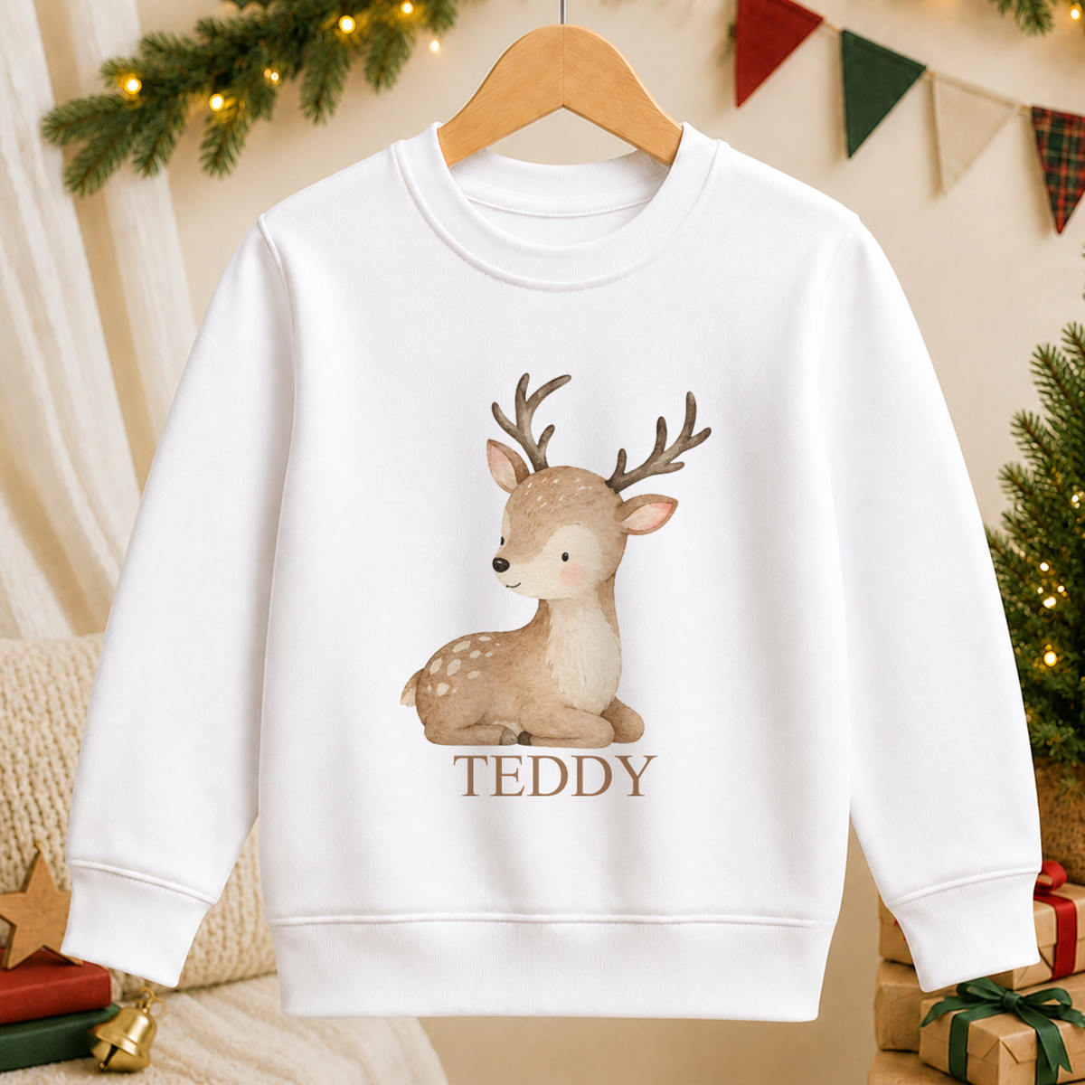 Personalised Baby Reindeer kids Christmas sweatshirt in white with a custom name