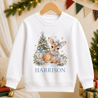Personalised Blue Bow Fawn kids Christmas sweatshirt in white with a custom name