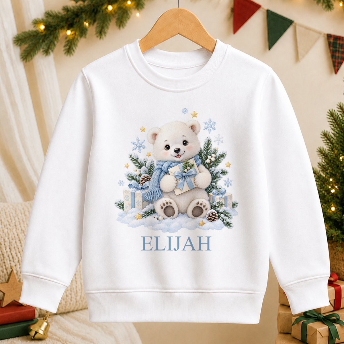 Personalised Polar Bear with Present kids Christmas sweatshirt in white with a custom name