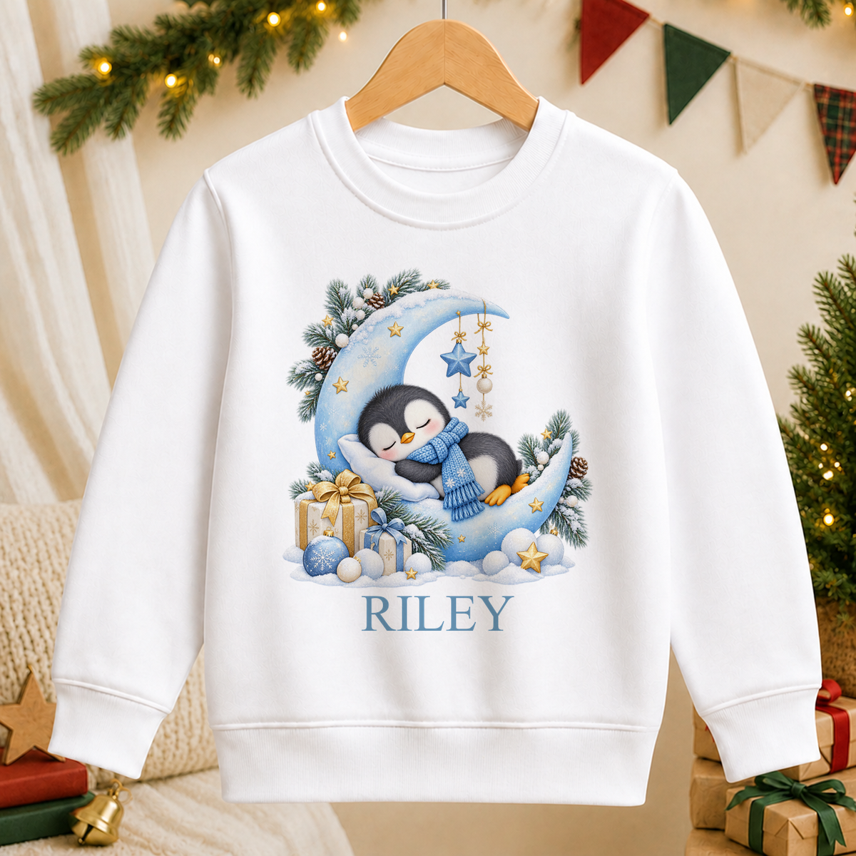 Personalised Sleepy Penguin Moon kids Christmas sweatshirt in white with a custom name