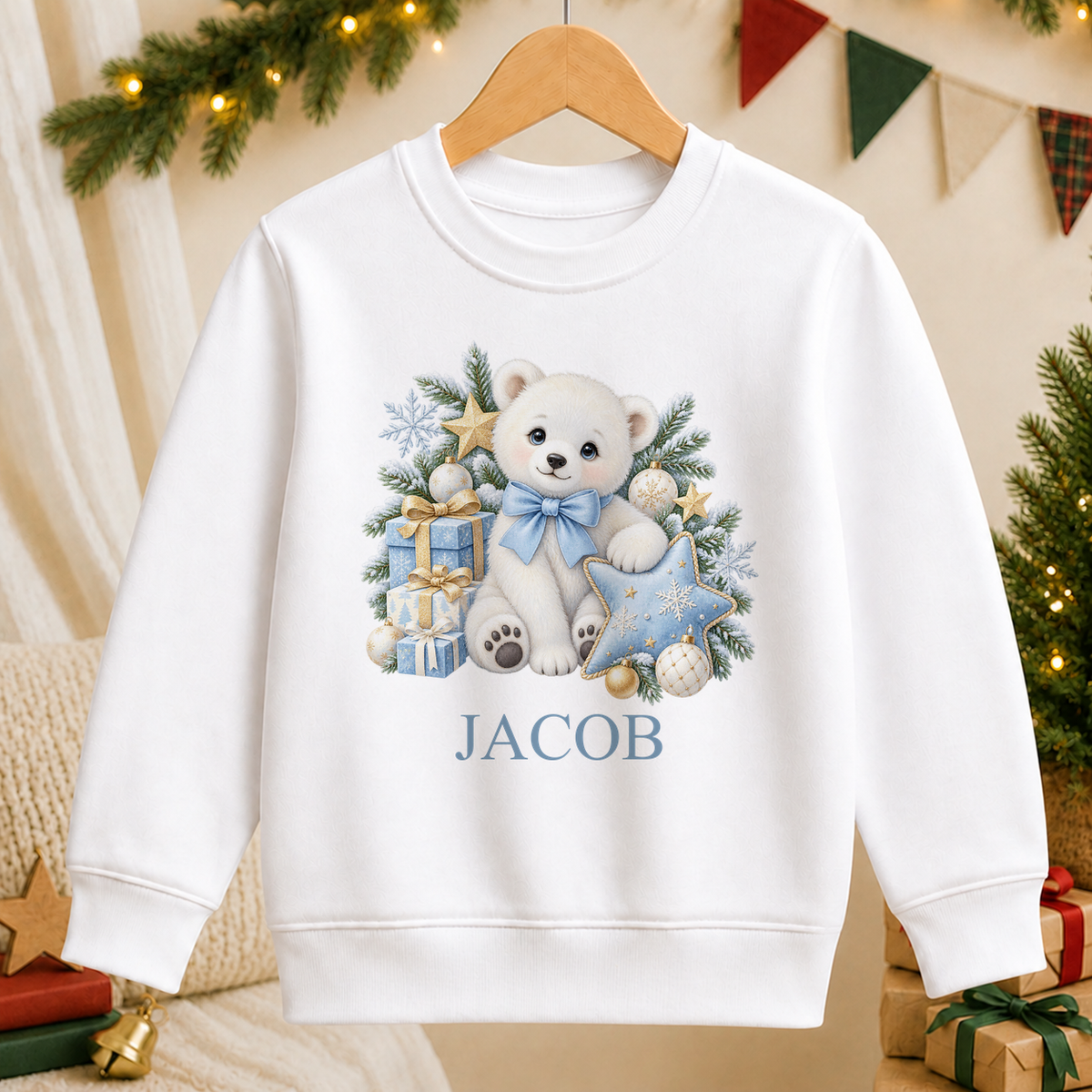 Personalised Polar Bear Blue Bow kids Christmas sweatshirt in white with a custom name