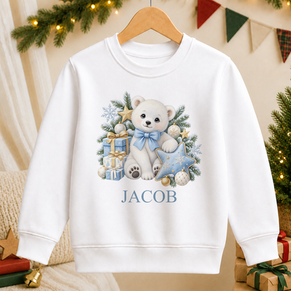 Personalised Polar Bear Blue Bow kids Christmas sweatshirt in white with a custom name