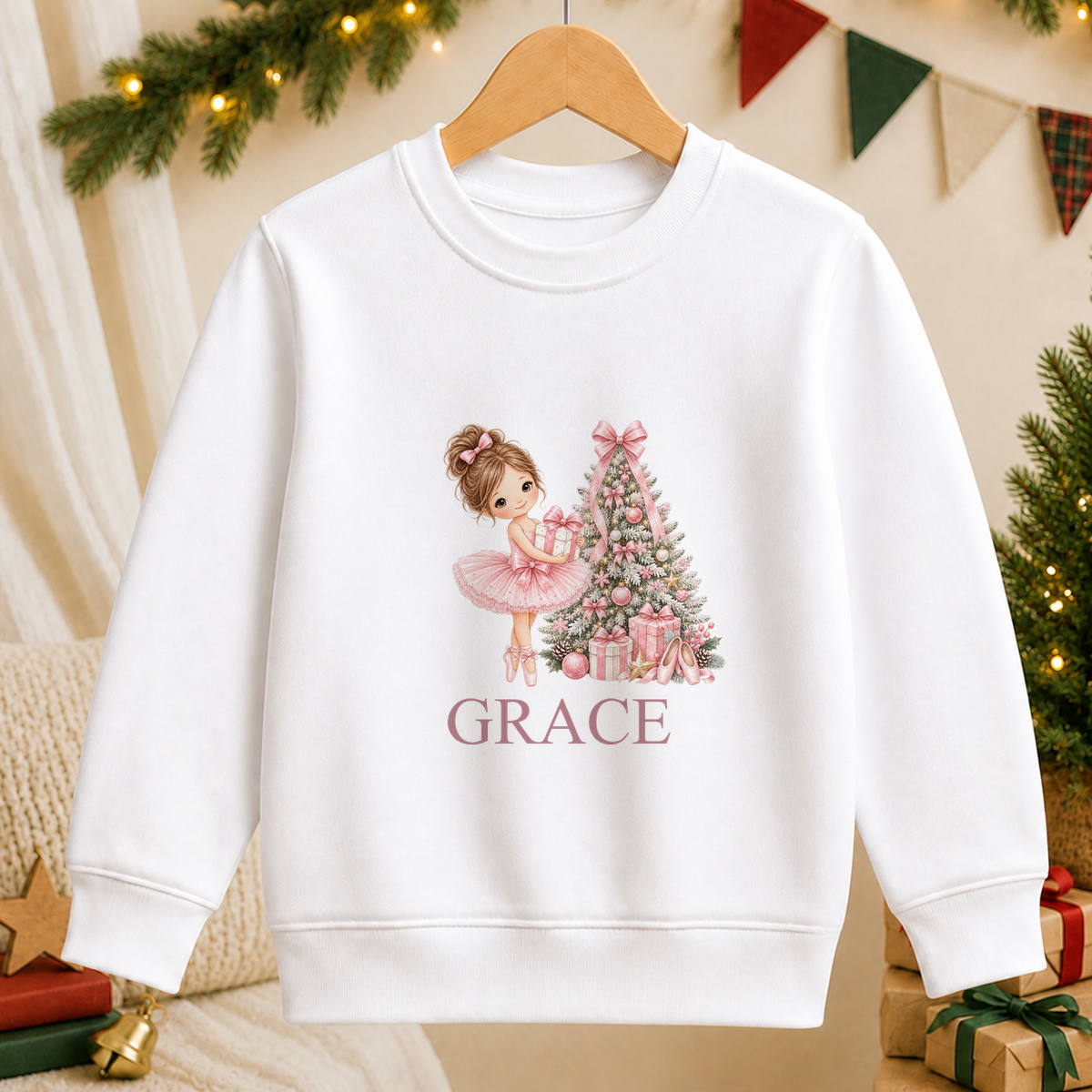 Personalised Pink Tree Ballerina kids Christmas sweatshirt in white with a custom name