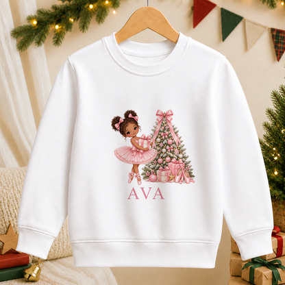 Personalised Curly Bun Ballerina kids Christmas sweatshirt in white with a custom name