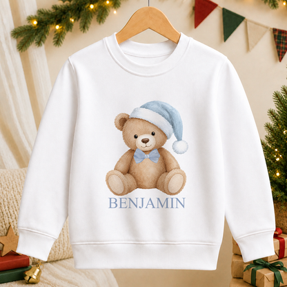 Personalised Blue Hat Teddy kids Christmas sweatshirt in white with a custom name
