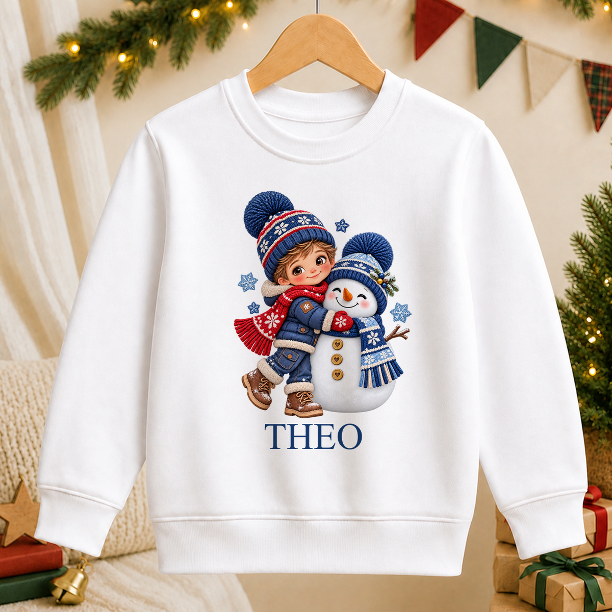 Personalised Boy Hugging Snowman kids Christmas sweatshirt in white with a custom name