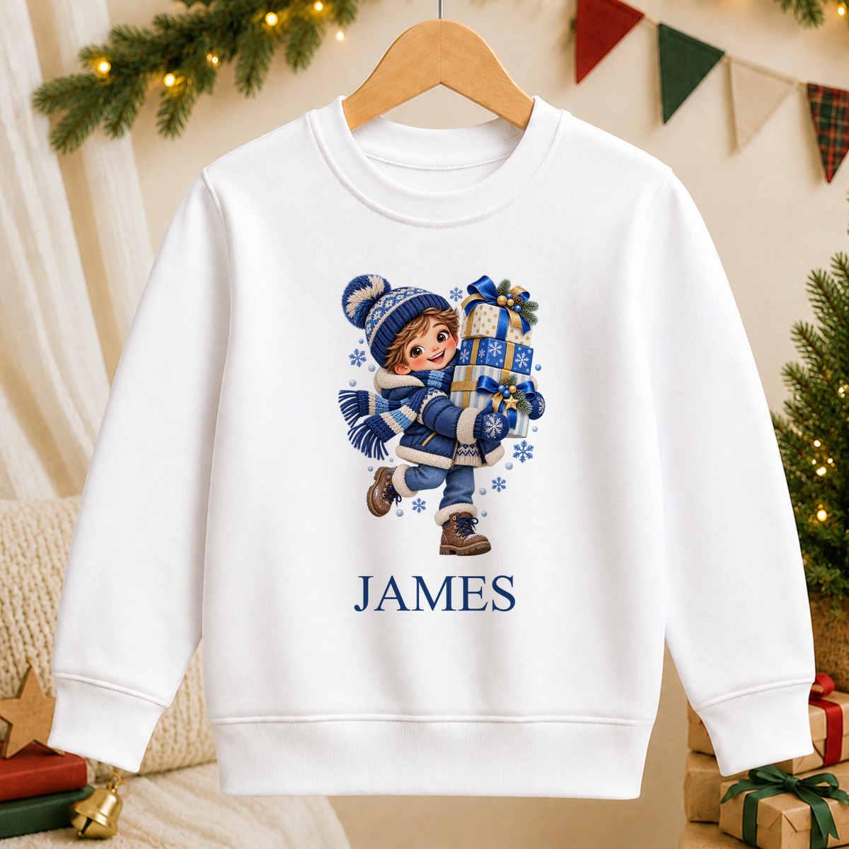 Personalised Boy with Presents kids Christmas sweatshirt in white with a custom name