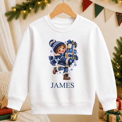 Personalised Boy with Presents kids Christmas sweatshirt in white with a custom name