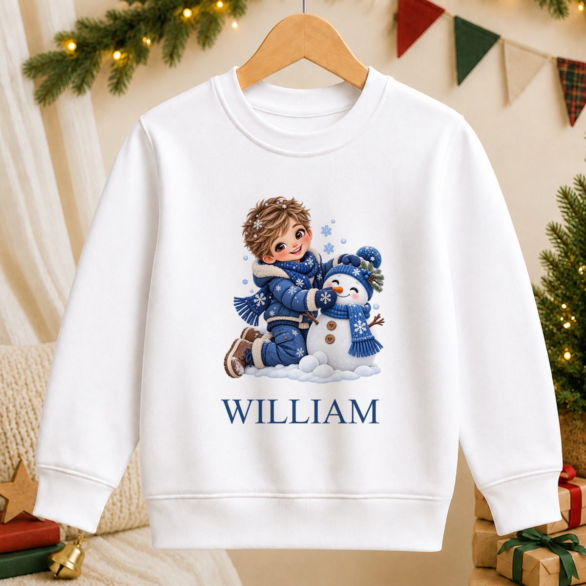 Personalised Boy Building Snowman kids Christmas sweatshirt in white with a custom name
