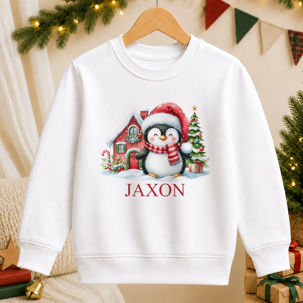 Personalised Santa Hat Penguin kids Christmas sweatshirt in white with a custom name