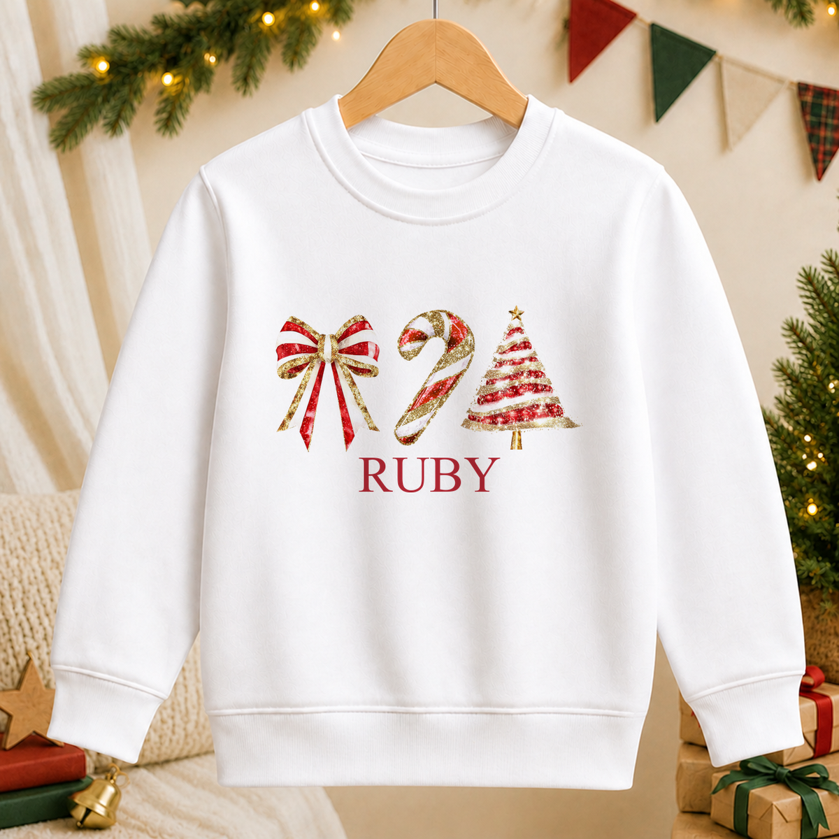 Personalised Bow, Candy Cane and Tree kids Christmas sweatshirt in white with a custom name