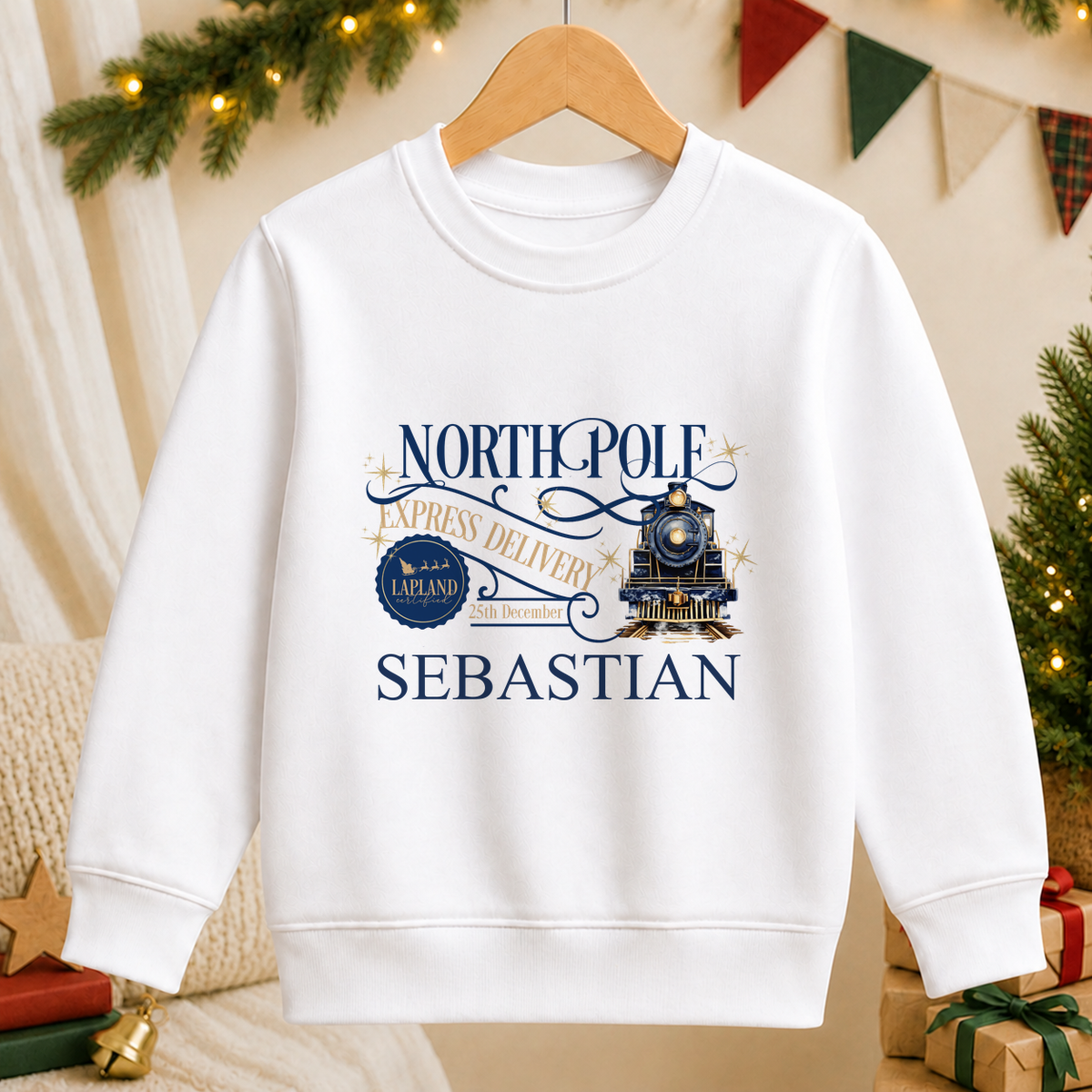Personalised North Pole Express Navy Train kids Christmas sweatshirt in white with a custom name