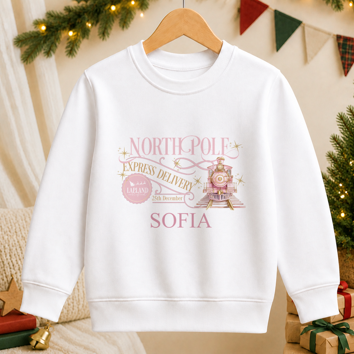 Personalised North Pole Express Pink Train kids Christmas sweatshirt in white with a custom name