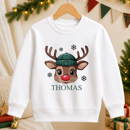 Personalised Reindeer Face Beanie kids Christmas sweatshirt in white with a custom name