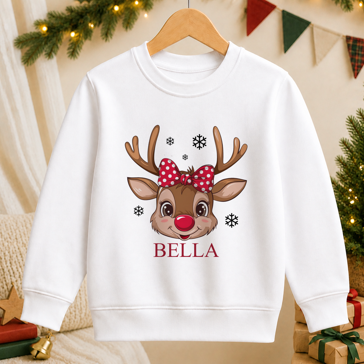 Personalised Reindeer Face Polka Bow kids Christmas sweatshirt in white with a custom name