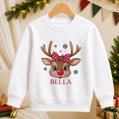 Personalised Reindeer Face Polka Bow kids Christmas sweatshirt in white with a custom name