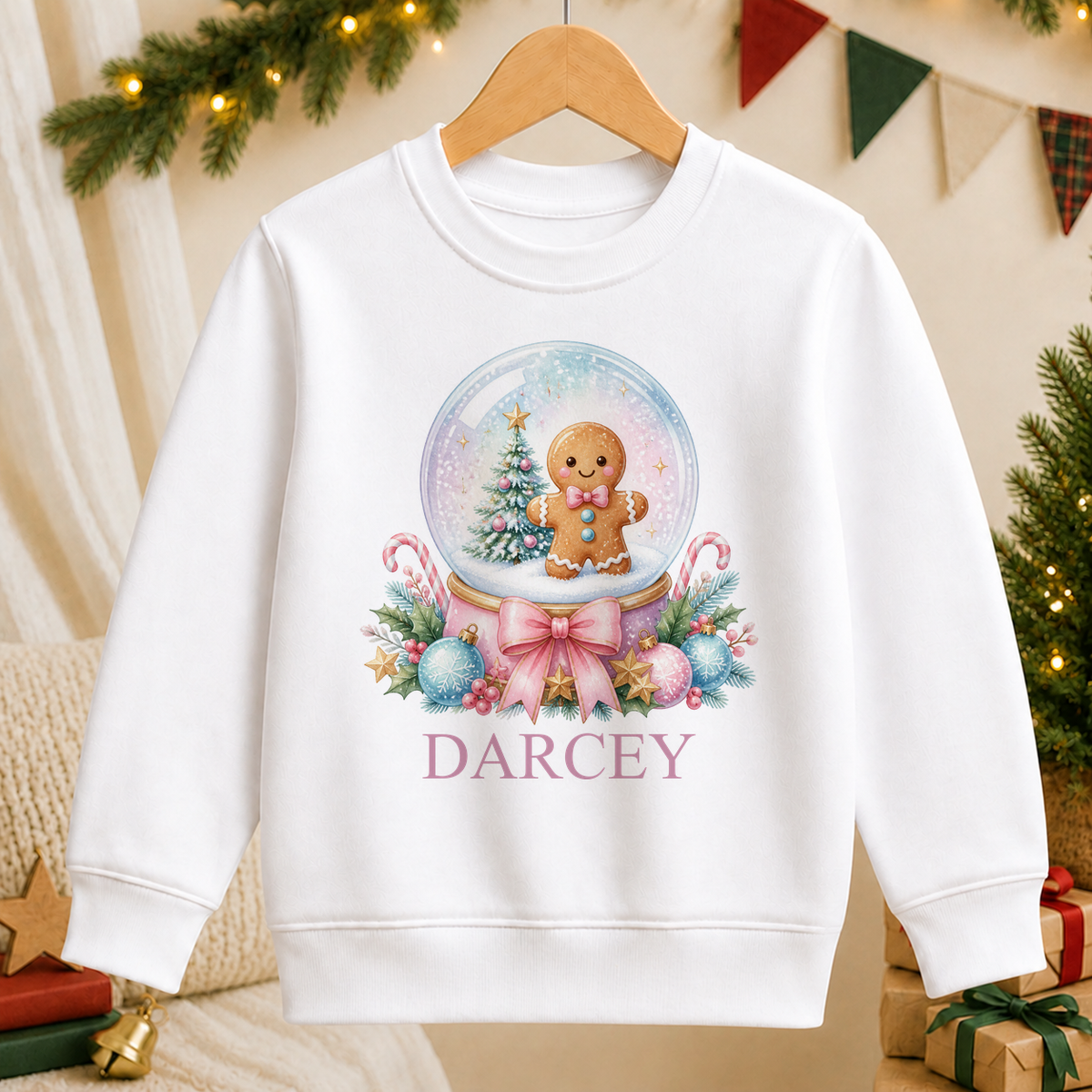 Personalised Gingerbread Snow Globe kids Christmas sweatshirt in white with a custom name