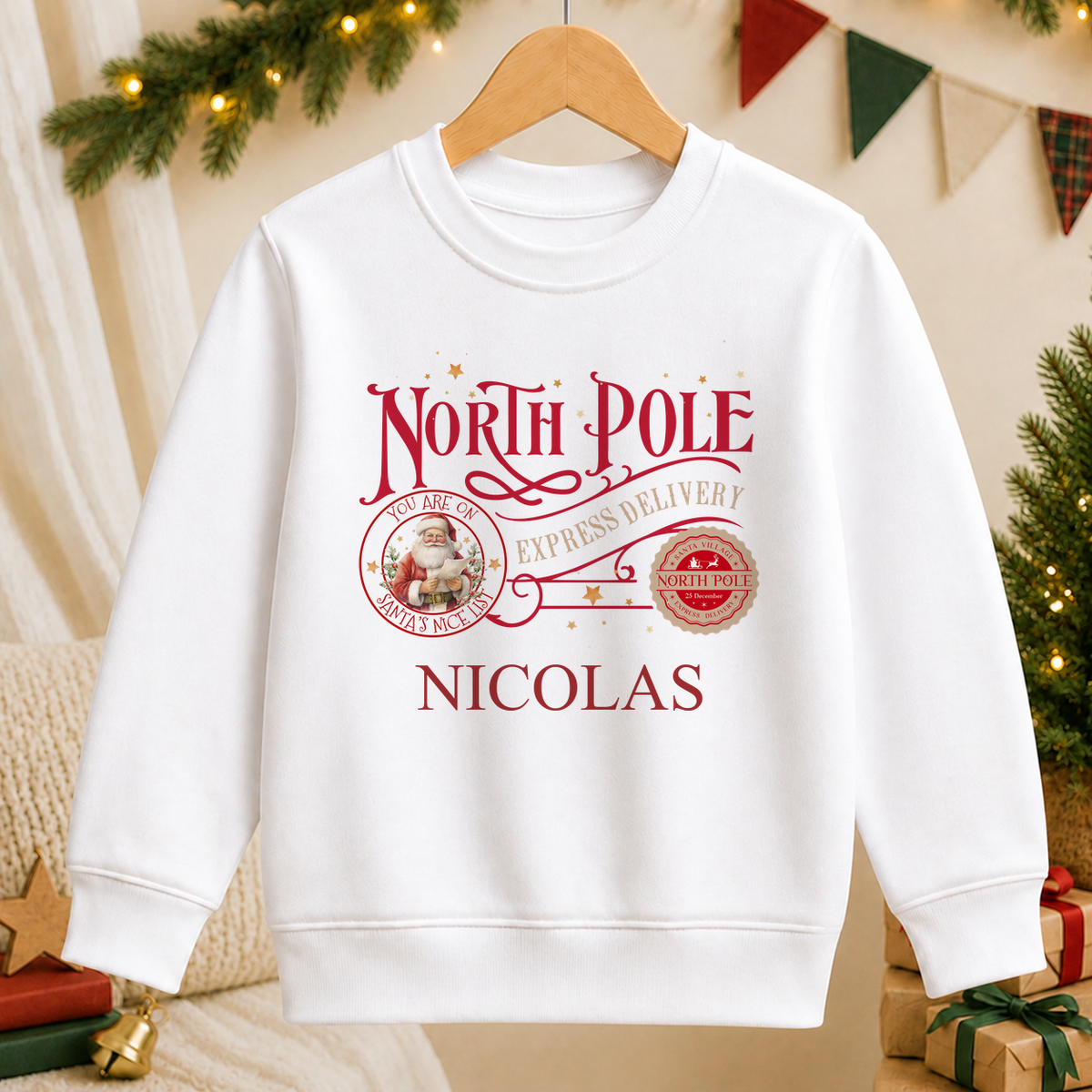 Personalised North Pole Express Santa Stamp kids Christmas sweatshirt in white with a custom name
