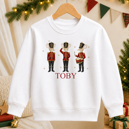 Personalised Nutcracker Mice kids Christmas sweatshirt in white with a custom name