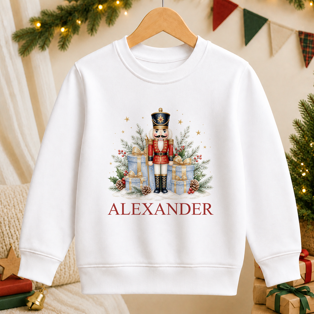 Personalised Nutcracker Soldier and Gifts kids Christmas sweatshirt in white with a custom name