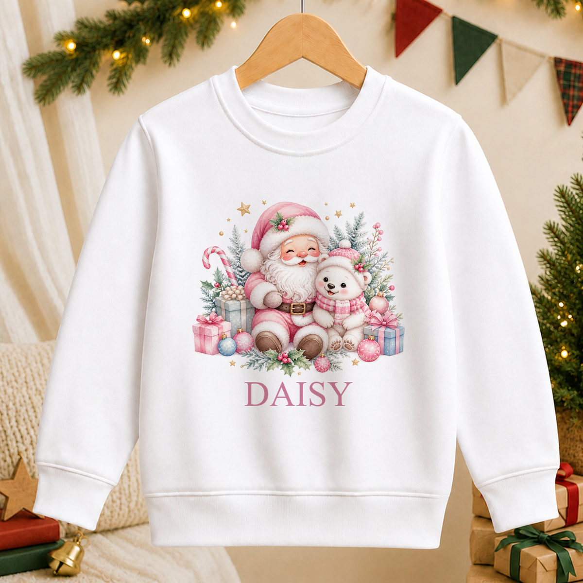 Personalised Pink Santa and Polar Bear kids Christmas sweatshirt in white with a custom name
