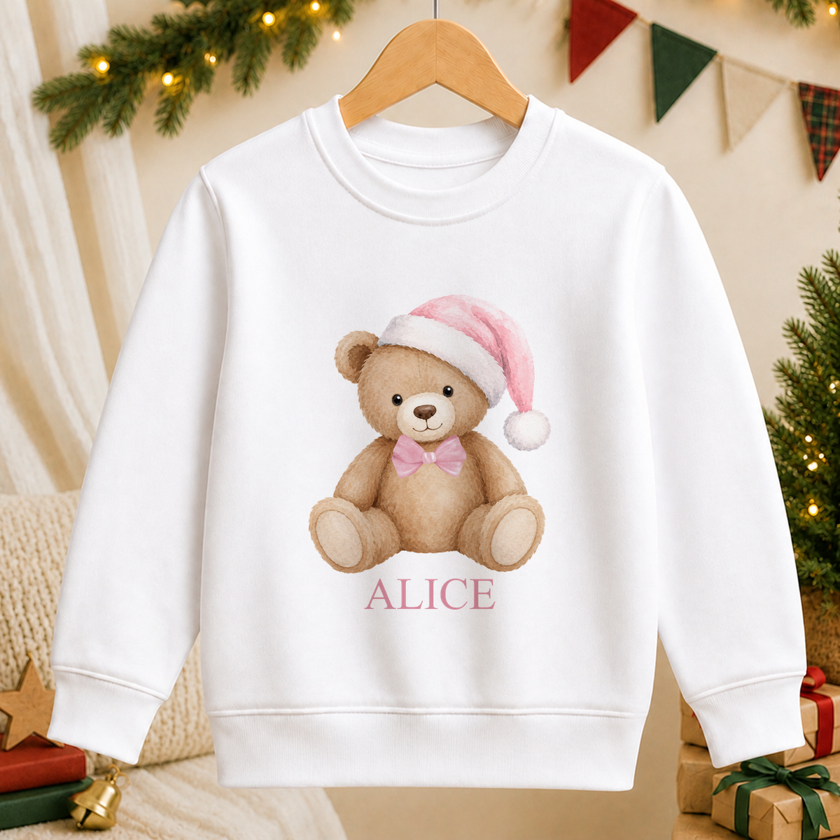Personalised Pink Hat Teddy kids Christmas sweatshirt in white with a custom name