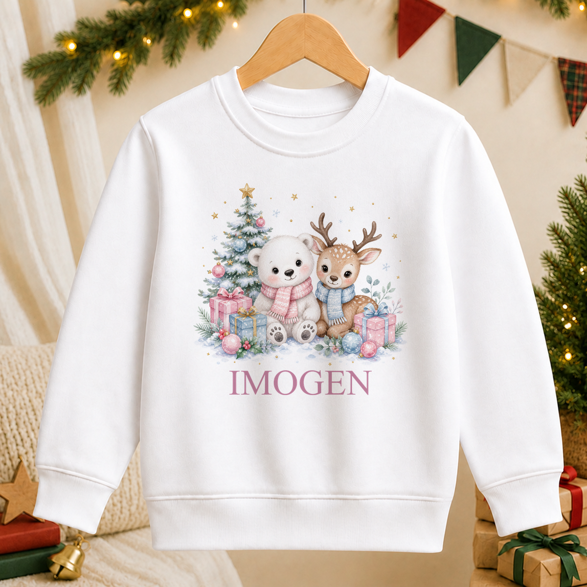 Personalised Polar Bear and Fawn Friends kids Christmas sweatshirt in white with a custom name