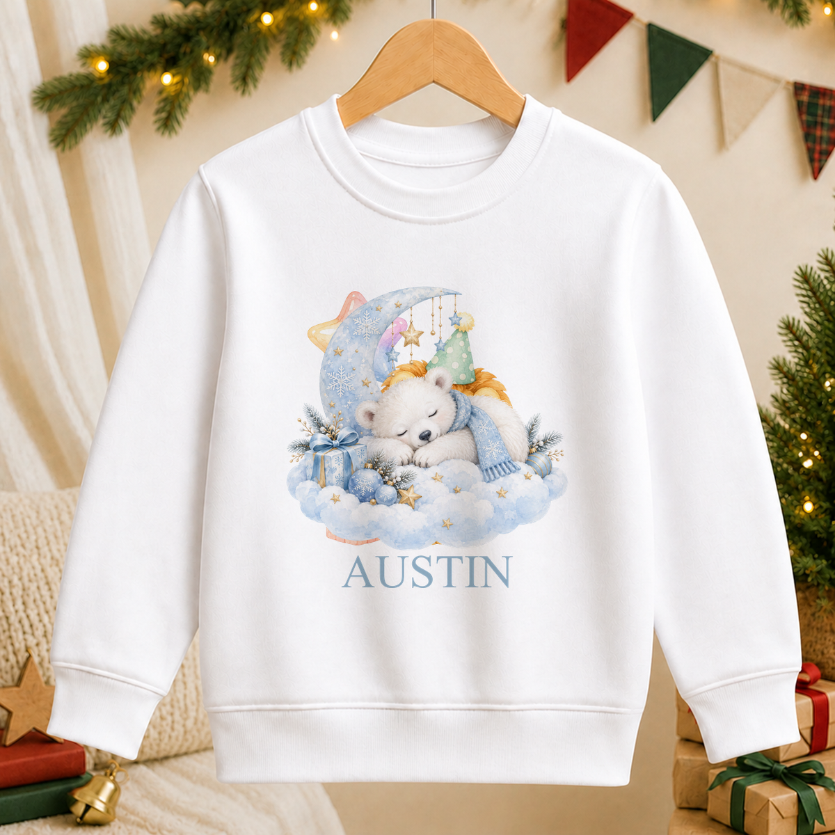 Personalised Sleepy Polar Bear kids Christmas sweatshirt in white with a custom name