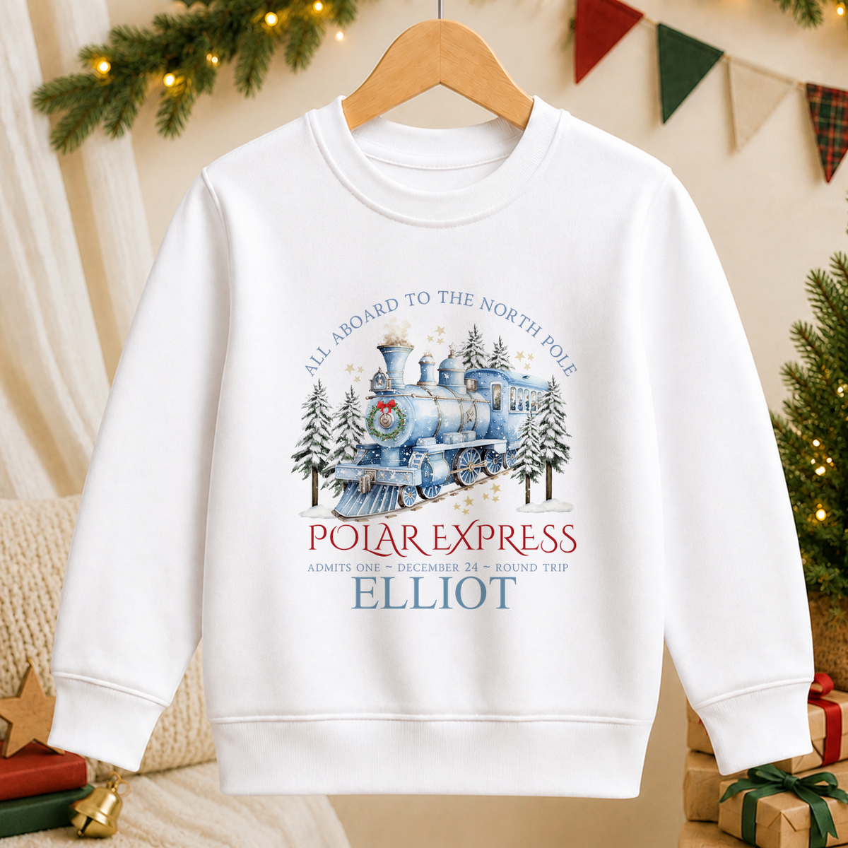 Personalised All Aboard North Pole Train Blue kids Christmas sweatshirt in white with a custom name