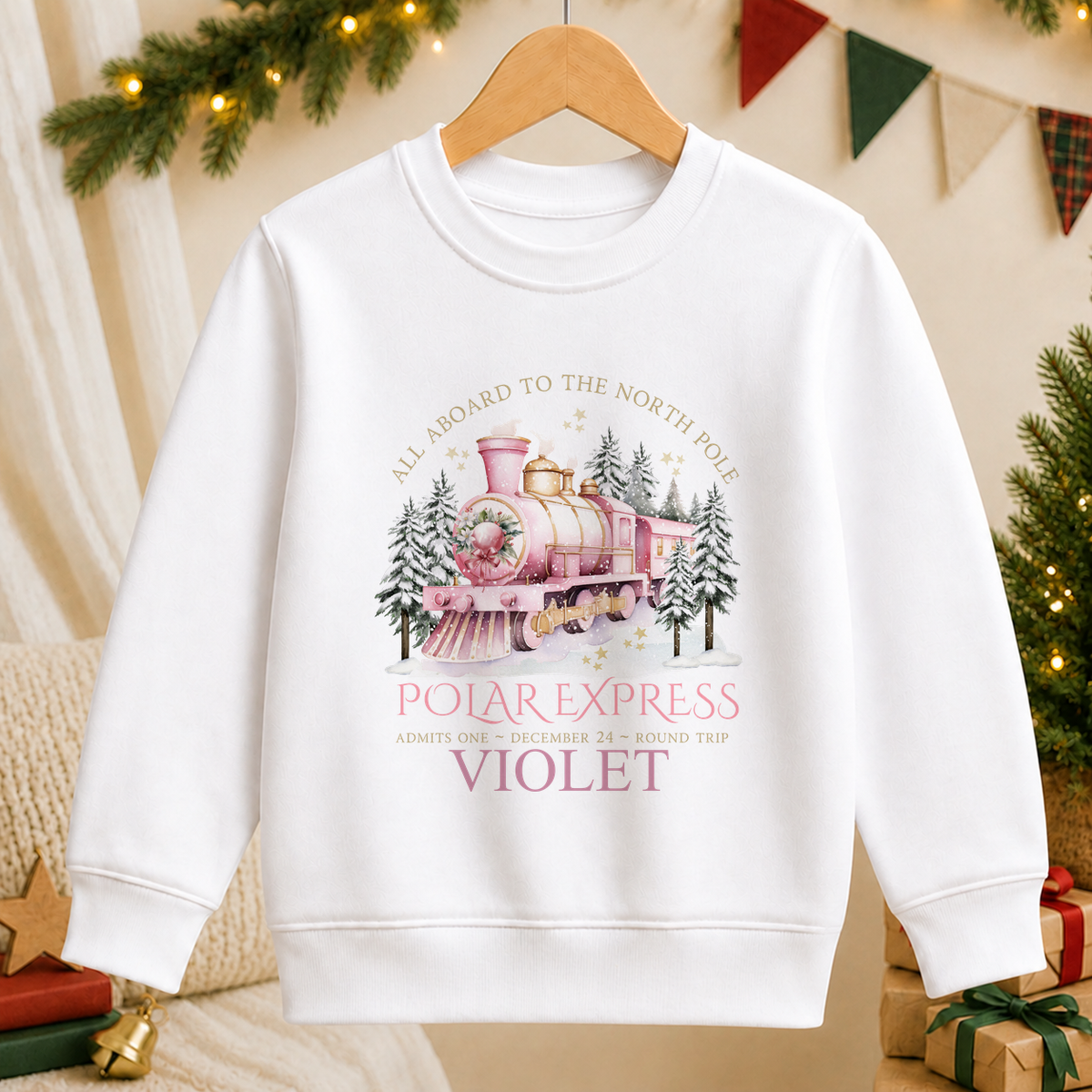 Personalised All Aboard North Pole Train Pink kids Christmas sweatshirt in white with a custom name