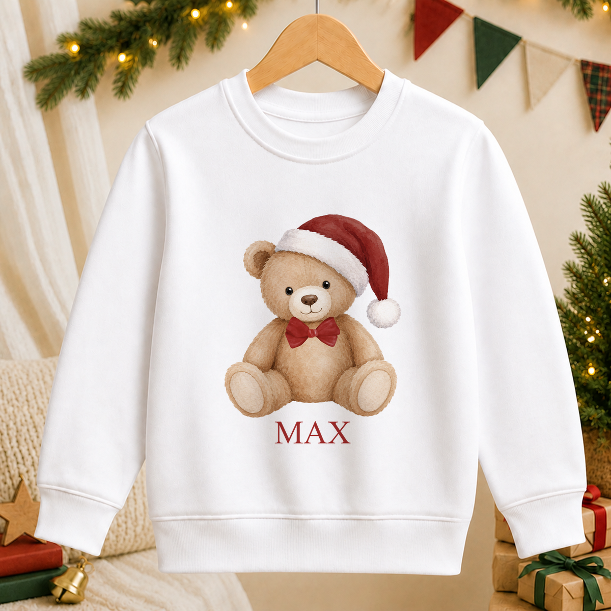 Personalised Classic Santa Hat Teddy kids Christmas sweatshirt in white with a custom name