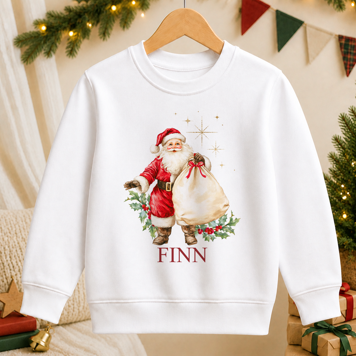 Personalised Vintage Father Christmas kids Christmas sweatshirt in white with a custom name