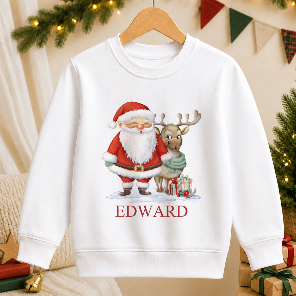 Personalised Santa and Reindeer kids Christmas sweatshirt in white with a custom name
