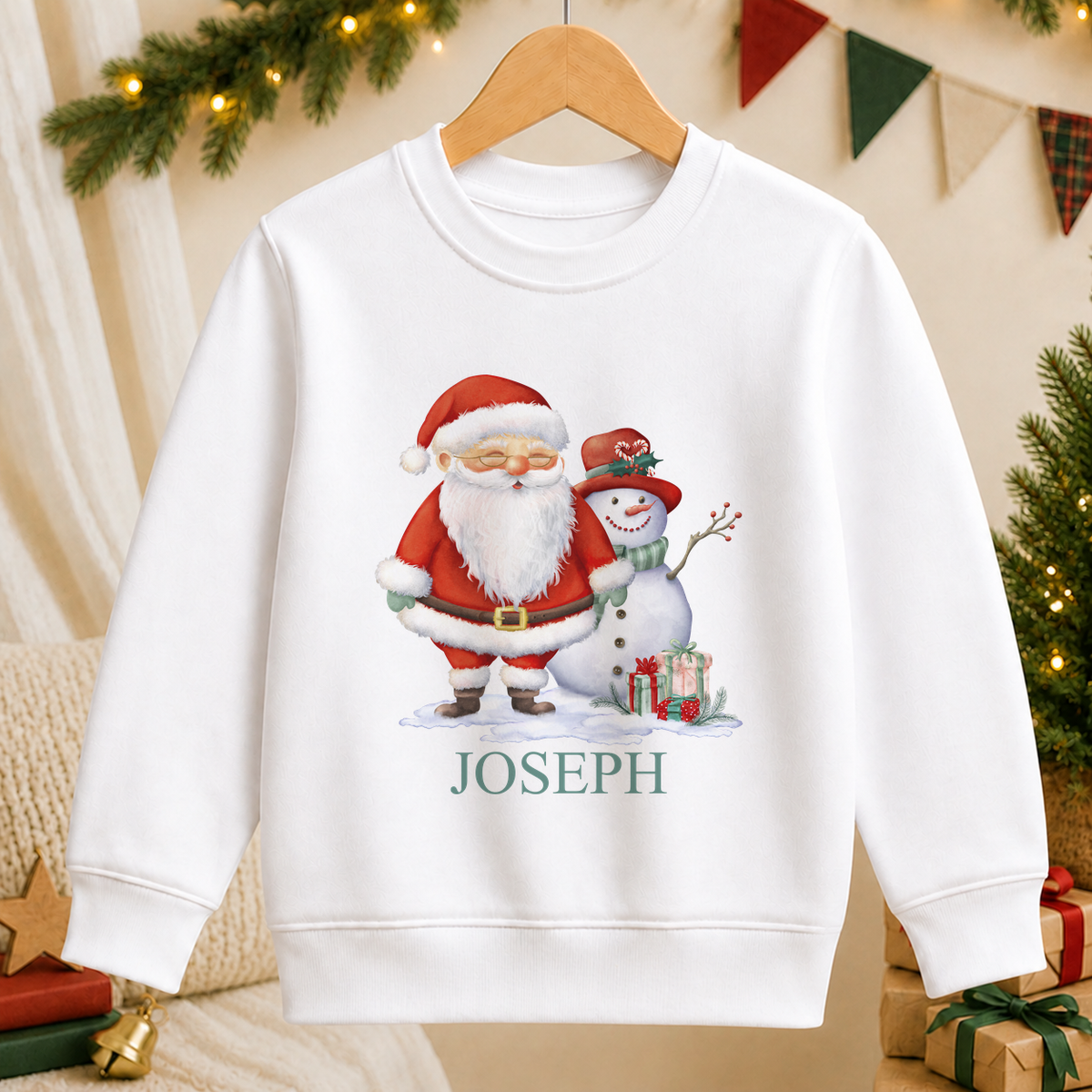 Personalised Santa and Snowman kids Christmas sweatshirt in white with a custom name