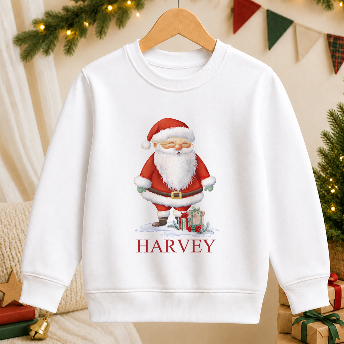 Personalised Santa with Gifts kids Christmas sweatshirt in white with a custom name