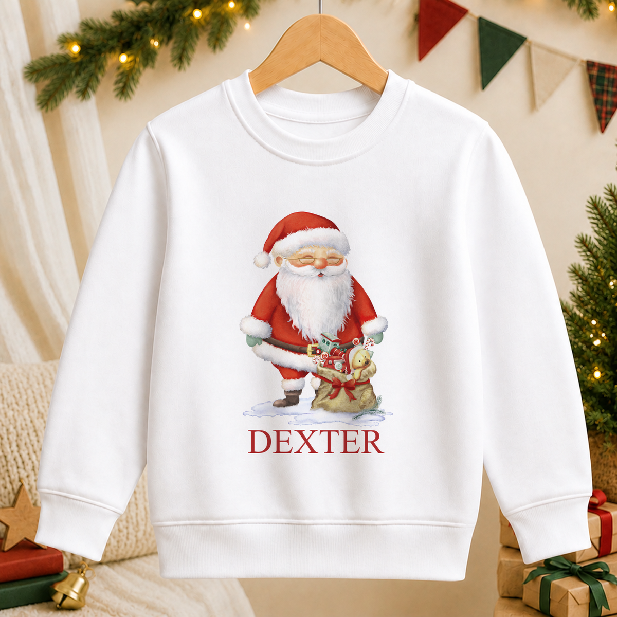 Personalised Santa and Toy Sack kids Christmas sweatshirt in white with a custom name