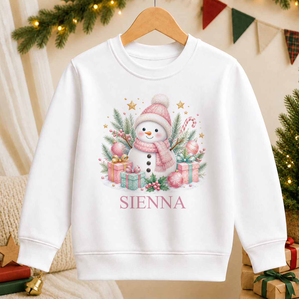 Personalised Pink Snowman kids Christmas sweatshirt in white with a custom name