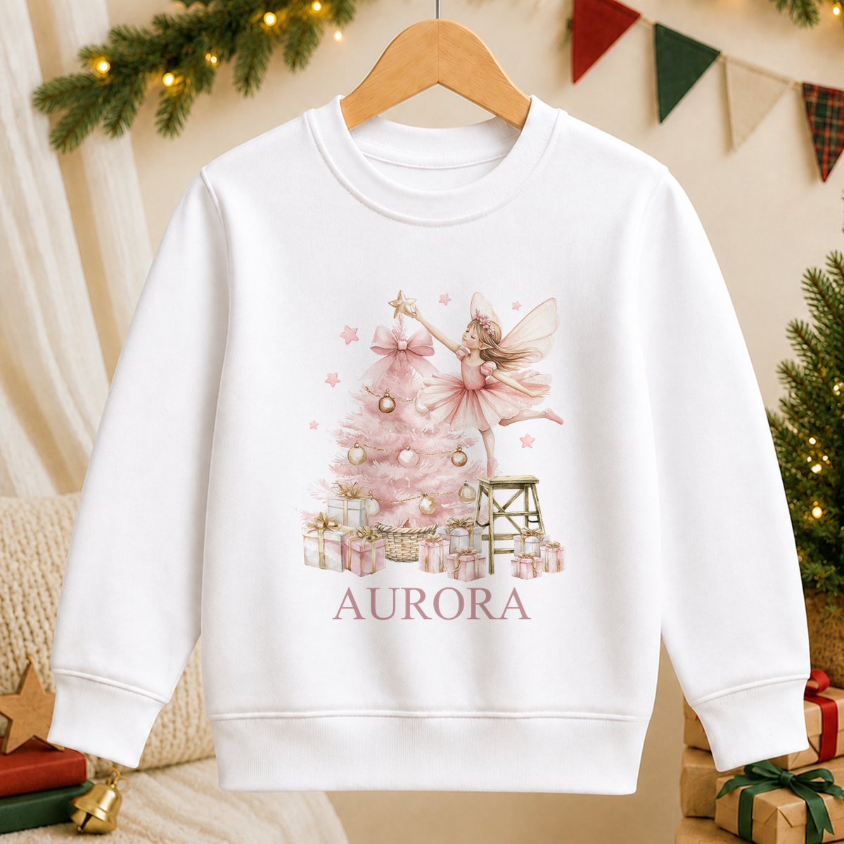 Personalised Sugar Plum Fairy kids Christmas sweatshirt in white with a custom name