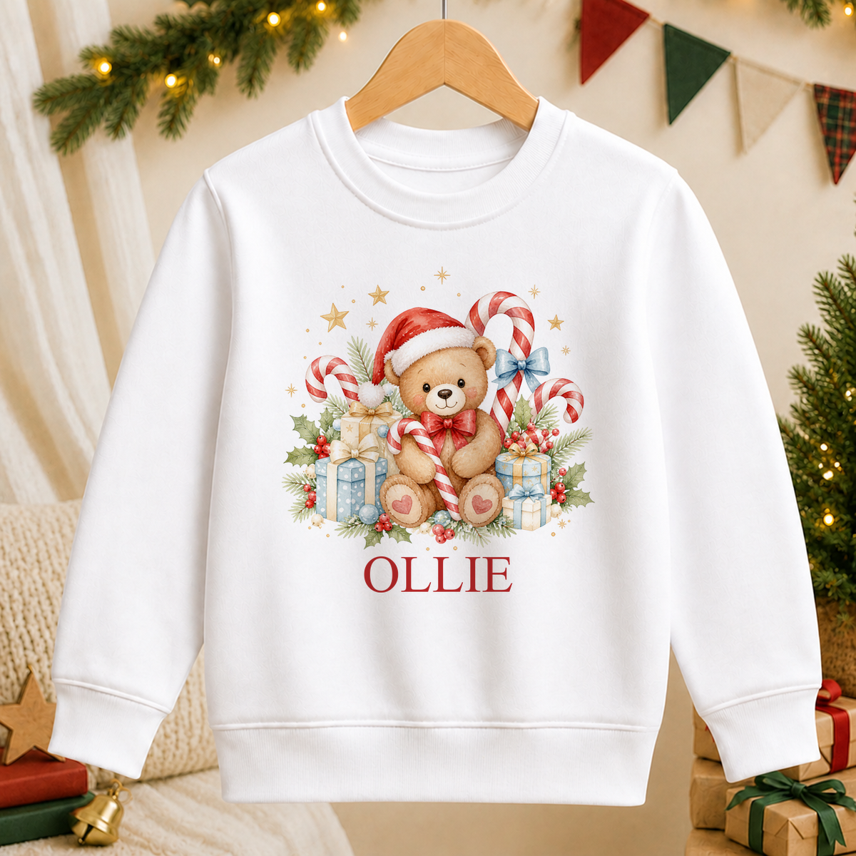 Personalised Candy Cane Teddy kids Christmas sweatshirt in white with a custom name