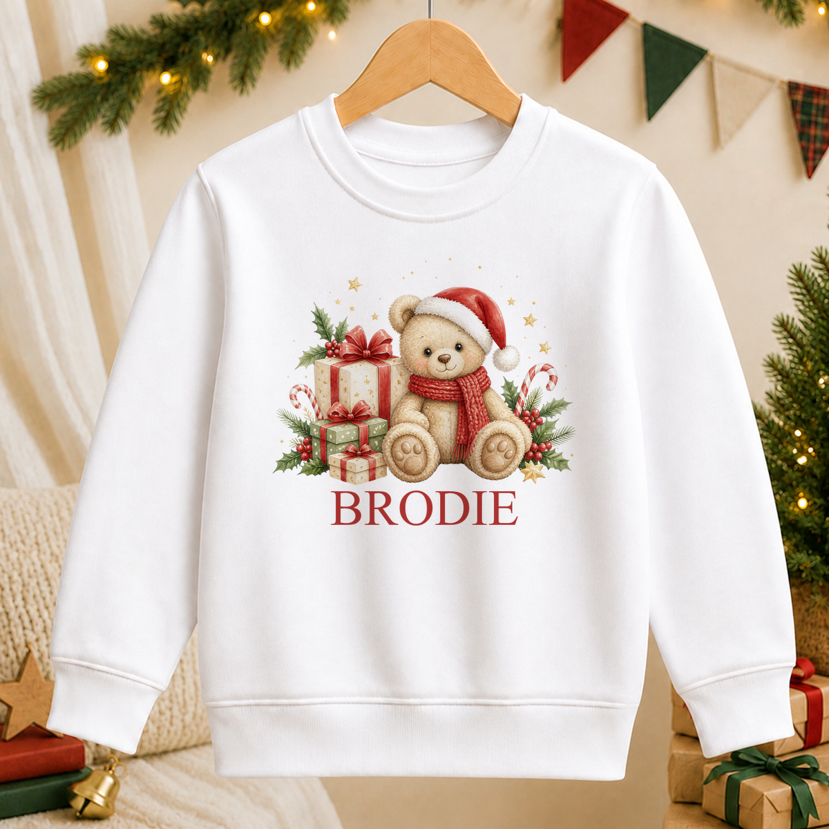 Personalised Cosy Scarf Teddy kids Christmas sweatshirt in white with a custom name