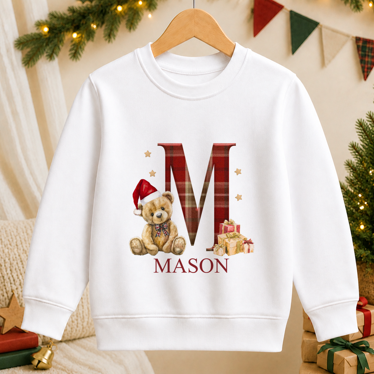 Personalised Tartan Initial Teddy kids Christmas sweatshirt in white with a custom name