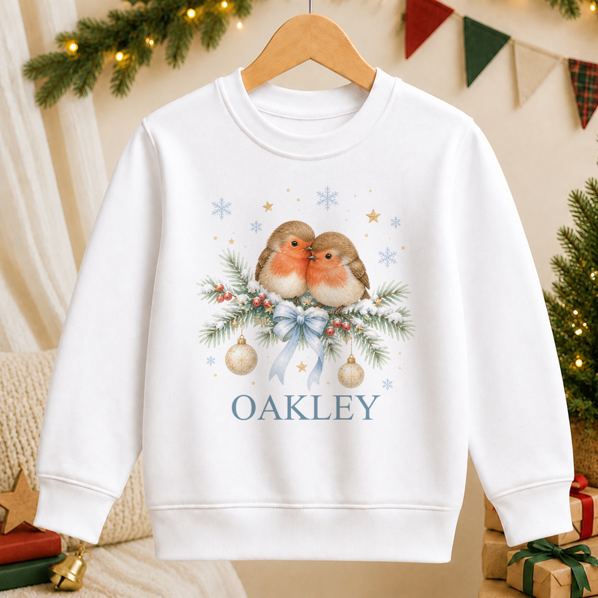 Personalised Two Robins kids Christmas sweatshirt in white with a custom name