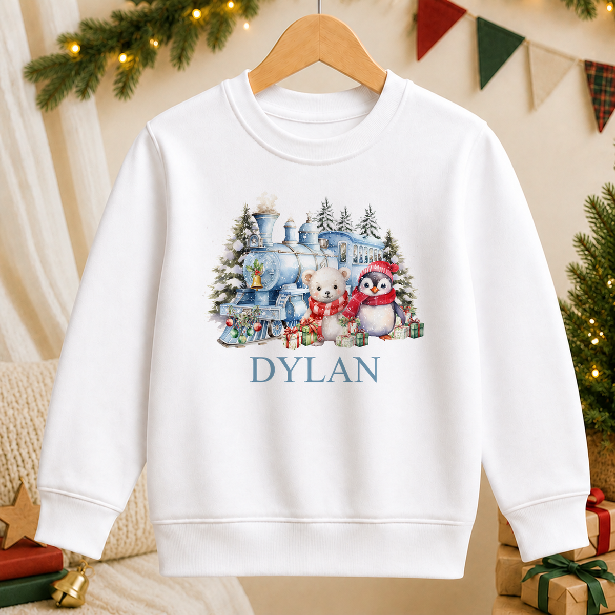 Personalised Winter Christmas Train kids Christmas sweatshirt in white with a custom name