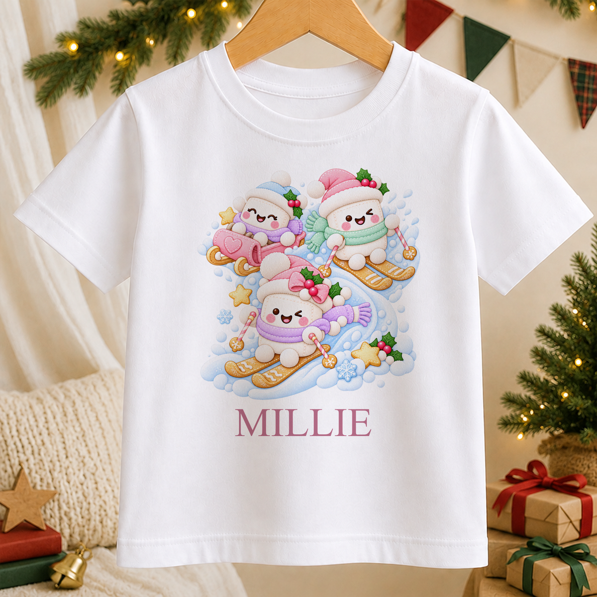 Personalised Snowman Ski Day kids Christmas t-shirt in white with a custom name