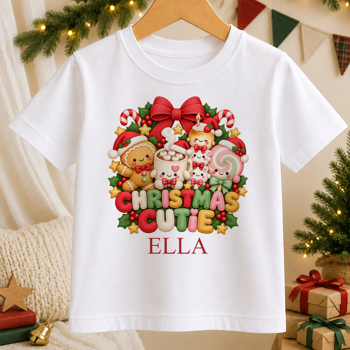Personalised Christmas Cutie kids Christmas t-shirt in white with a custom name