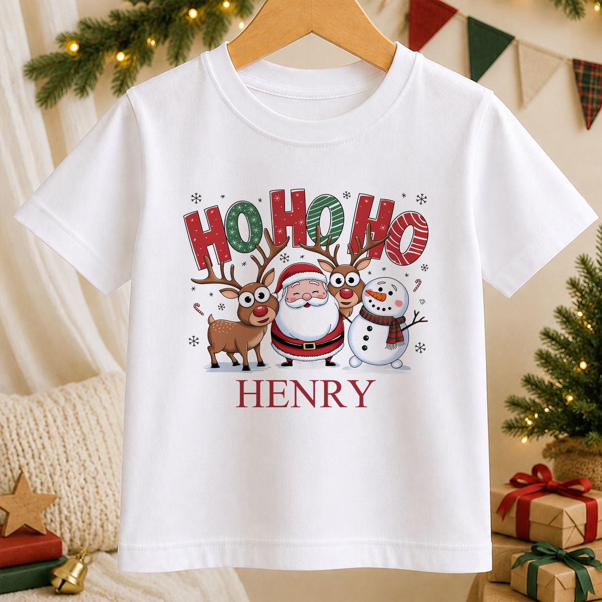 Personalised Ho Ho Ho kids Christmas t-shirt in white with a custom name