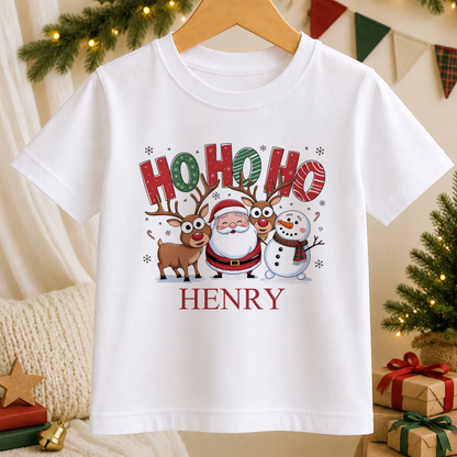 Personalised Ho Ho Ho kids Christmas t-shirt in white with a custom name