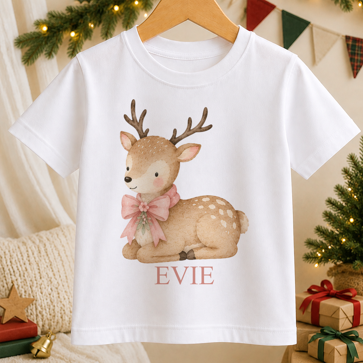 Personalised Sweet Fawn kids Christmas t-shirt in white with a custom name